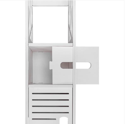 White bathroom storage cabinet with drawer pulled open, showing open top shelf and louvered door